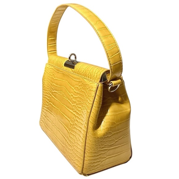 Top Handle Yellow Faux Crocodile Embossed Handbag Turn Lock Closure Like New - Picture 5 of 14